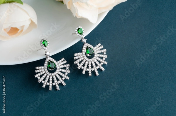 Obraz Close up of diamond earrings. space for your text.