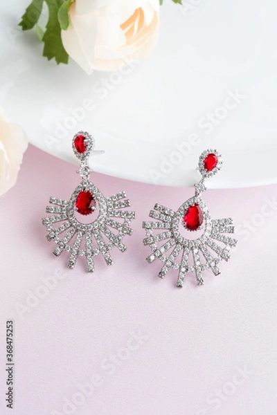 Obraz Close up of diamond earrings. space for your text.
