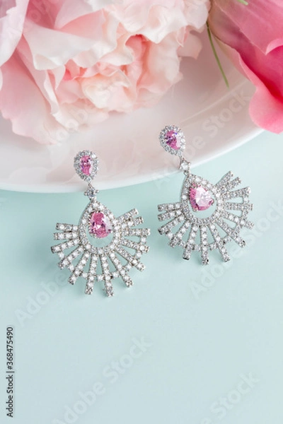 Obraz Close up of diamond earrings. space for your text.