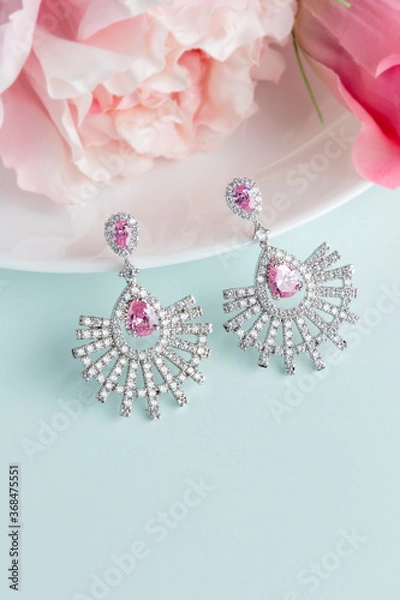 Obraz Close up of diamond earrings. space for your text.