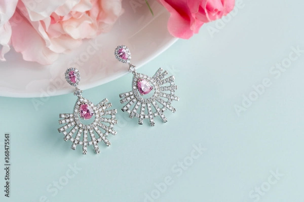 Obraz Close up of diamond earrings. space for your text.