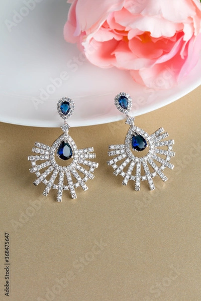 Obraz Close up of diamond earrings. space for your text.