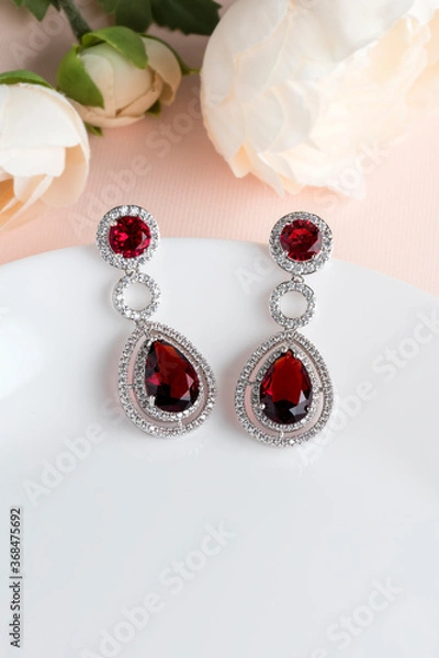 Obraz Close up of diamond earrings. space for your text.