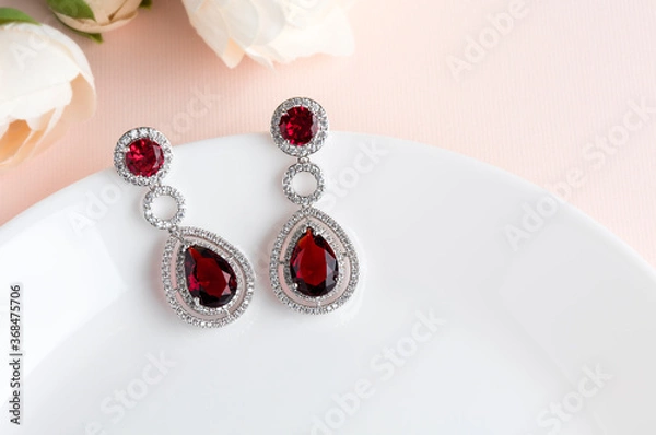 Obraz Close up of diamond earrings. space for your text.