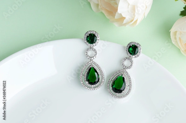 Obraz Close up of diamond earrings. space for your text.