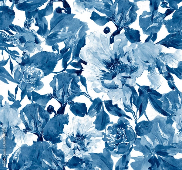 Obraz Seamless Pattern Watercolor Artwork Flowers Peony and Irises Cobalt Blue, Floral Textile Design, Plants and Leaves Texture Background