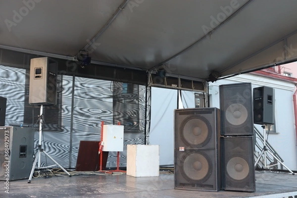 Fototapeta music stage with loudspeakers and concert stuff