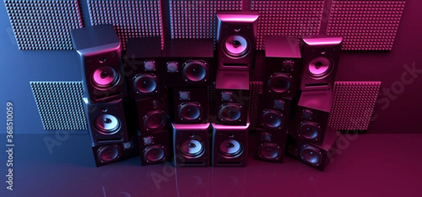 Fototapeta Disco Floor Party Laser Neon Purple Blue Violet Sci Fi Futuristic Glowing Club Dance Loud Speakers Reflective Floor Realistic Background Music Studio Hi Tech 3D Rendering