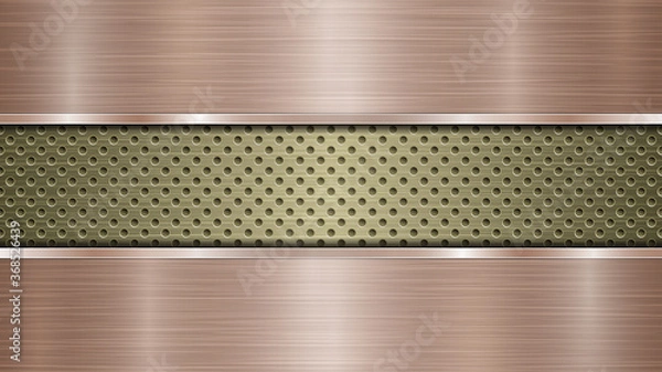 Fototapeta Background of golden perforated metallic surface with holes and two horizontal bronze polished plates with a metal texture, glares and shiny edges
