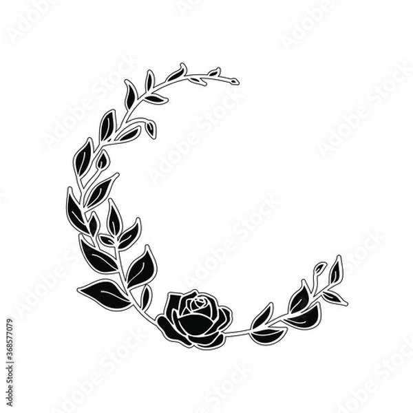 Obraz Funeral card template with black wreath made from leafs and rose on white background