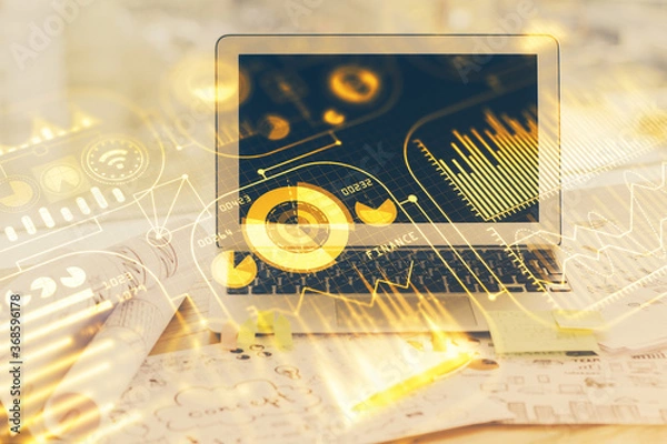 Obraz Computer on desktop in office with technology theme hologram. Multi exposure. Tech concept.