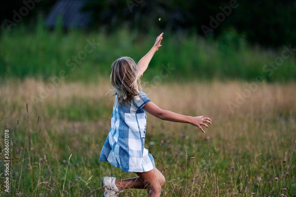 Obraz A girl chasing a butterfly in a flower meadow.  Shot at Holmenkollen, Oslo, Norway.