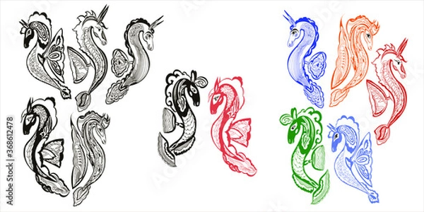 Obraz Fabulous dragon seahorses vector set. Six images monochrome and color version isolated on a white background. Suitable for creating seamless patterns, product design and flat design and much more.