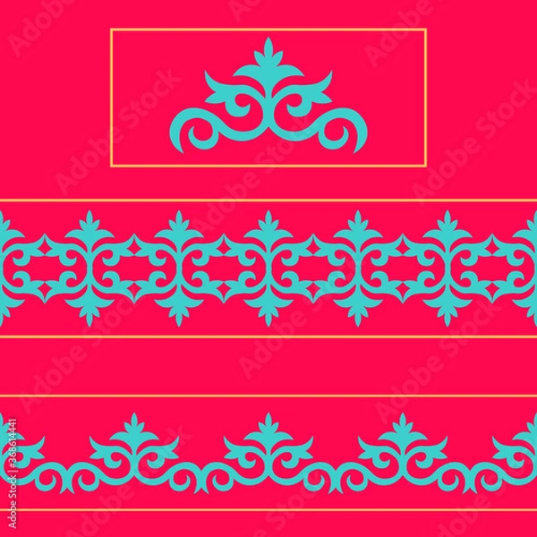 Obraz Set of 2  seamless border and 1 vector ornamental elements with motifs of Kazakh, Kyrgyz, Tatar, national Asian decor for borders, textile, plate, tile, and print design. Workpiece for your design.