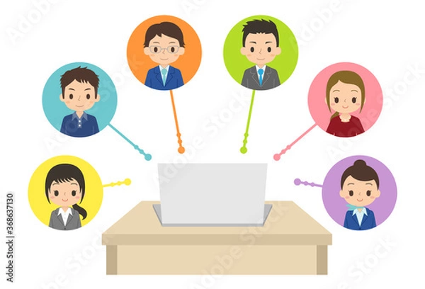 Obraz パソコンを使ってオンラインで仕事を共有　会社員　テレワーク　イラスト