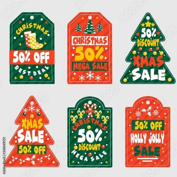 Fototapeta Collection of Six Cute and Cheerful Merry Christmas and Happy New Year Sales Tags for Product Promotion - Vector Illustration on Gray Background - Printable and Editable

