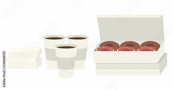 Obraz Donut and coffee delivery items set: donut boxes, coffee with place for logo.