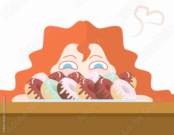 Obraz Red-haired curly girl looks forward to a meal of fresh and sweet donuts on a plate.
