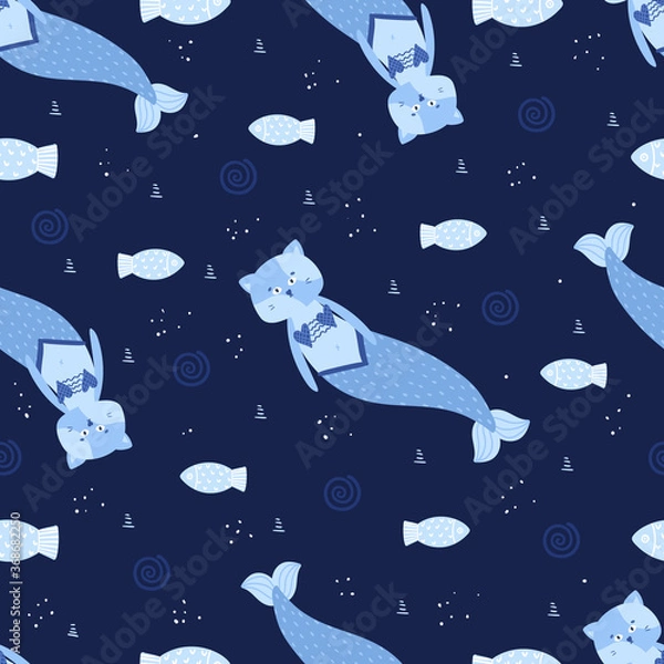 Fototapeta Seamless pattern with cute mermaid cats. Suitable for children's textiles. Vector illustration on a dark background.