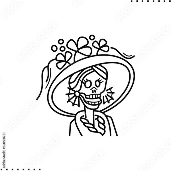 Fototapeta Day of Dead, Dia de los Muertos fiesta, skeleton in Mexican costume, marigold flowers and calavera skull  vector icon in outlines