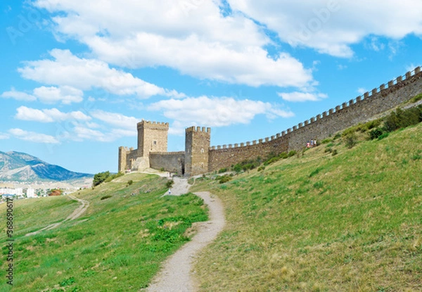Fototapeta View of the path to the fortress on the green rock
