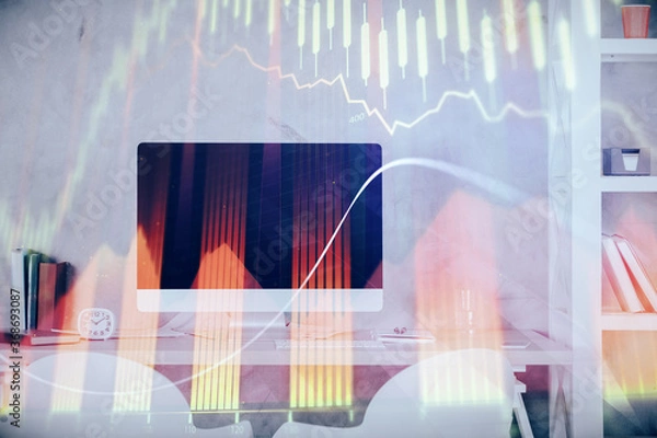 Fototapeta Multi exposure of stock market chart drawing and office interior background. Concept of financial analysis.