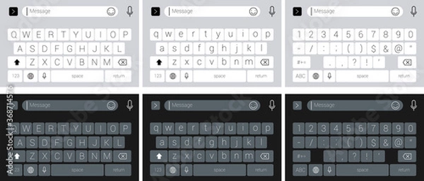 Fototapeta smartphone keyboard input alphabet or symbol mobile phone. vector modern keyboard of smartphone, alphabet buttons, dark and light UI mode.