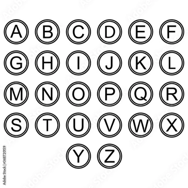 Obraz English alphabet letters symbols icons signs simple black and white colored set. A set of English alphabet letter icons,  flat, black and white (mostly white).