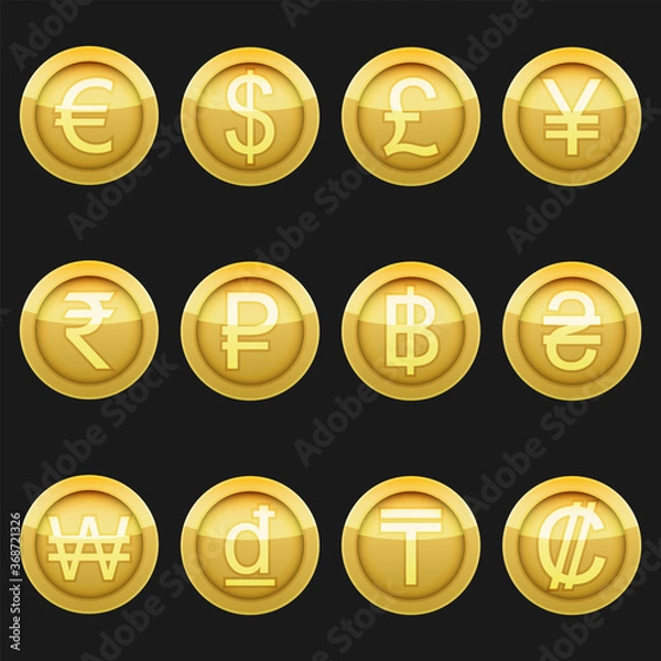 Fototapeta Currency coins symbols icons metallic golden with highlights set. A set of currency symbols used in different countries, gold metallic material with highlights.