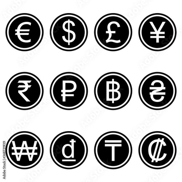 Fototapeta Currency symbols icons simple black-colored set. A set of currency symbols used in different countries, minimalist black.
