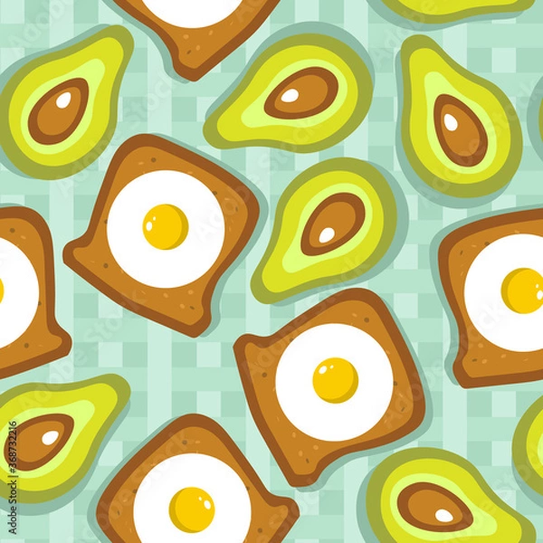 Obraz Colorful seamless pattern with fried eggs, bread, avocado. Vector backdrop with food. Decorative wallpaper, good for printing. Hand drawn overlapping background