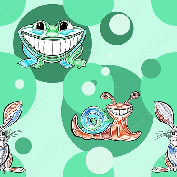 Obraz Seamless pattern with hand drawn frog, rabbit and snail on magic mint color background and green polka dot.