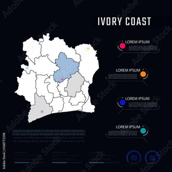 Fototapeta Ivory Coast country map infographics vector with pointer marks and circle chart.  Editable Infographics template. Vector illustration