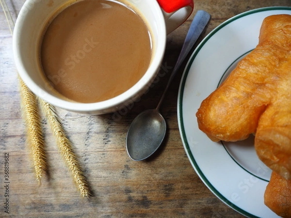 Fototapeta Empty coffee, white mugs on wooden floors and free space