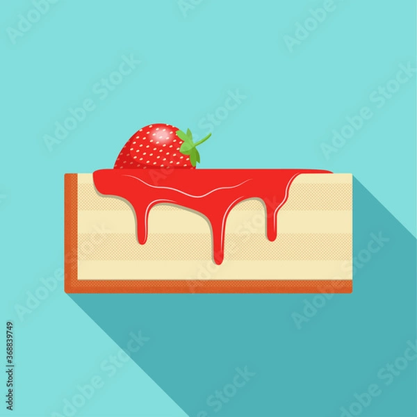 Fototapeta Delicious piece of cheesecake decorated with fresh strawberries and fruit syrup. The syrup drips from a piece of cake. vector flat design illustration
