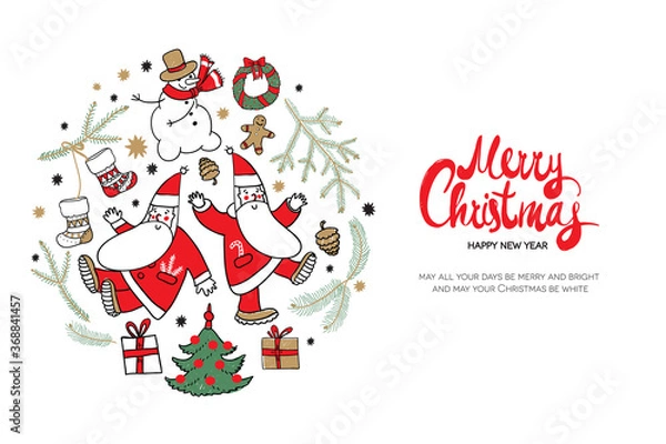 Fototapeta Merry Christmas and Happy New Year. Christmas square greeting card with calligraphy, cute Santa and christmas decorations. Hand drawn design elements