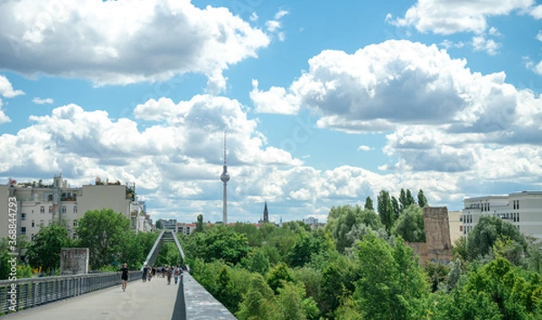 Fototapeta BERLIN, GERMANY July 12, 2020. The view from the Behmstrasse bridge towards Mitte to Alexanderplatz.
