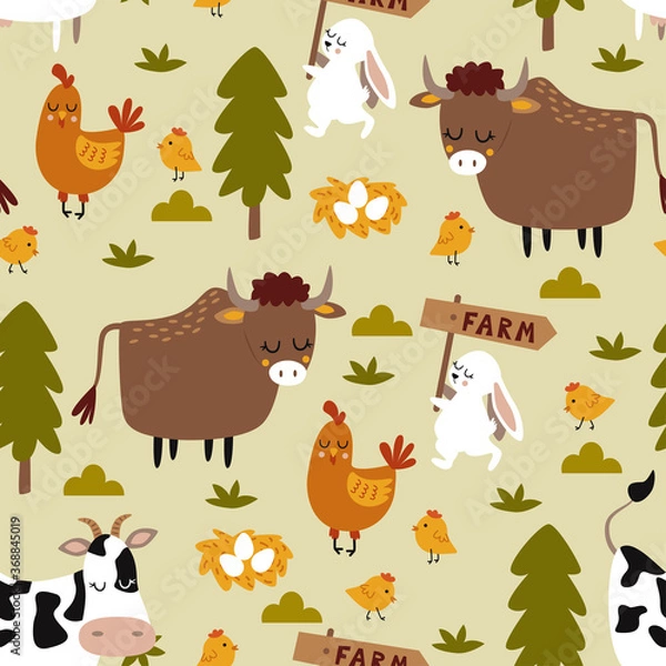 Fototapeta seamless pattern with cow, chicken and hare - vector illustration, eps