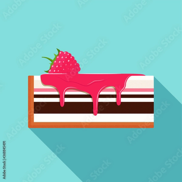 Fototapeta Delicious piece of cheesecake decorated with fresh raspberries and fruit syrup. The syrup drips from a piece of cake. vector flat design illustration