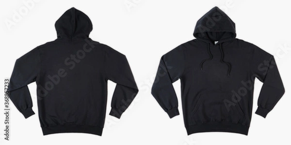 Fototapeta Blank black male hooded sweatshirt long sleeve with clipping path, mens hoody with zipped for your design mockup for print, isolated on white background. Template sport winter clothes.