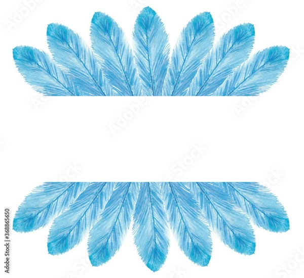 Obraz Watercolor hand painted blue decoration texture banner frame with light blue fluffy feathers composition fan on the white background for invite and greeting card with the space for text