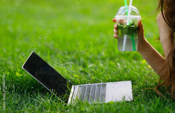 Fototapeta Image of girls hand with a lemonade works with a laptop in the park on a green lawn.