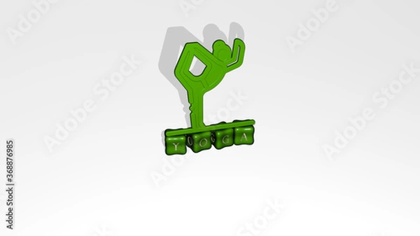 Fototapeta 3D representation of YOGA with icon on the wall and text arranged by metallic cubic letters on a mirror floor for concept meaning and slideshow presentation. woman and illustration