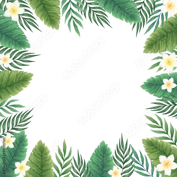Fototapeta Watercolor Illustration with hand drawn floral frame from palm leaves and branches isolated on white background. Tropical design for invitation, poster, card, print