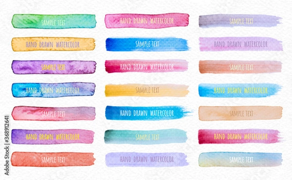 Fototapeta Collection Vector label tag elements Set Watercolor brush paint strokes from a hand drawn on the white paper texture background