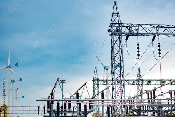 Obraz High voltage pole, High voltage power transformer substation