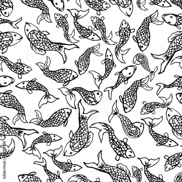 Fototapeta Seamless pattern with fish. Black fish with scales. Minimalistic freehand drawing. The original design. Vector illustration