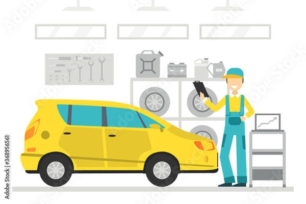 Fototapeta Auto Repair Service, Auto Mechanic Character in Overalls Making Computer Diagnostics of Automobile Vector Illustration