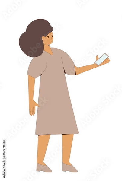 Fototapeta Young woman in dress standing with phone and reading message. Line art flat vector character isolated on white background. 