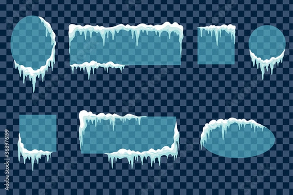 Fototapeta Frozen winter window border with ice and frost isolated. Empty frozen banners. Glass frames with snow caps.